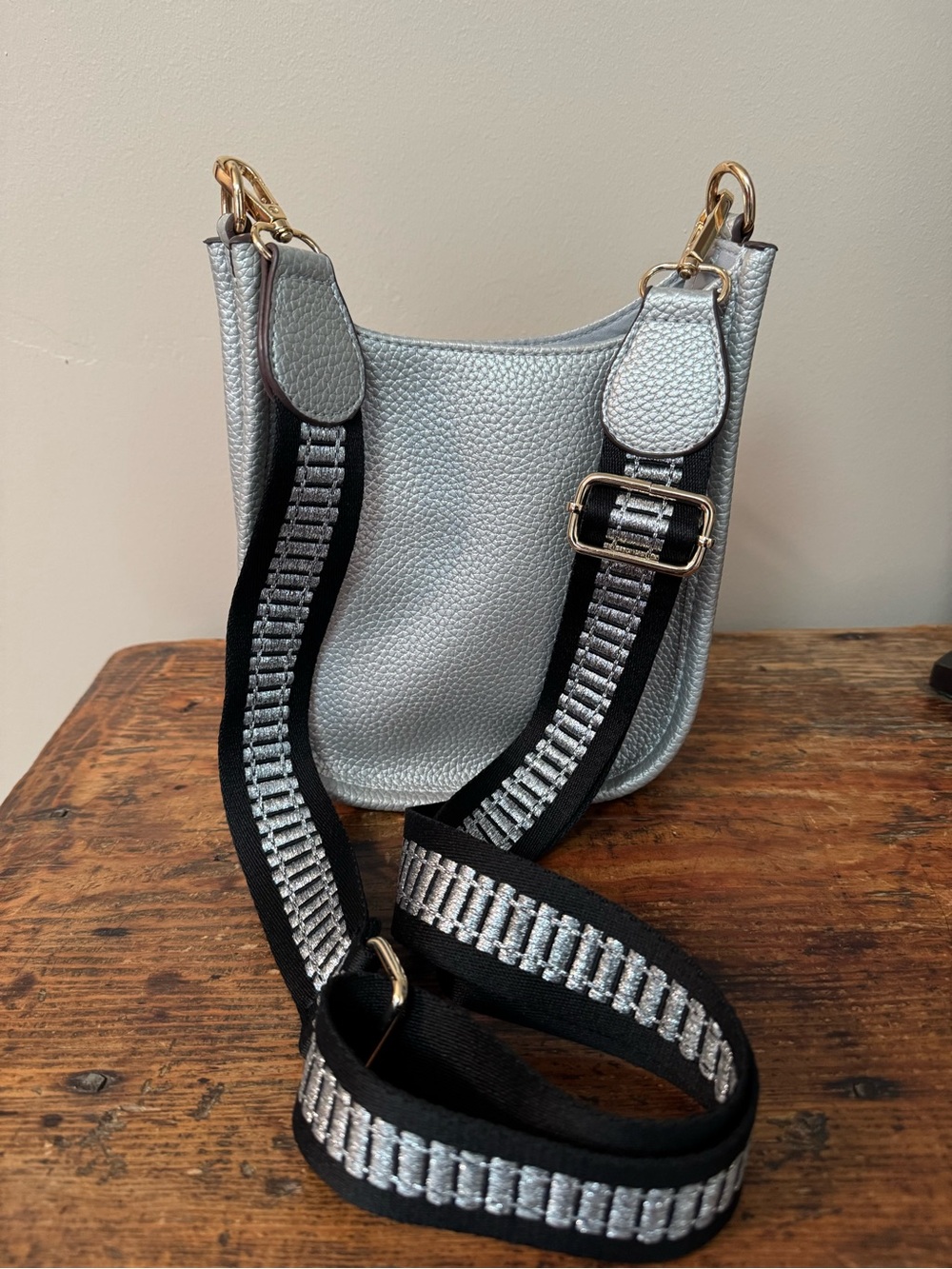 Joy Susan Silver Pebbled Crossbody Bag with Adjustable Silver and Black Strap